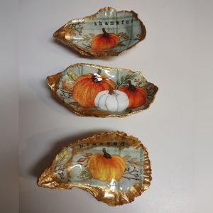 Set of three fall pumpkin / Thanksgiving themed decoupage oysters with resin